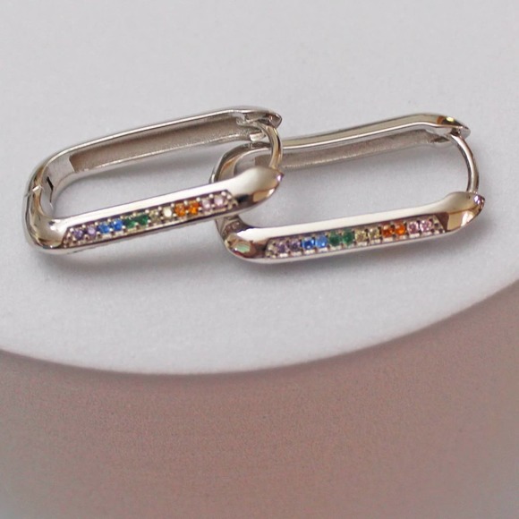 Jewelry - New Silver 925 Rectangle Earring with Very Small Multicolor Stones E30